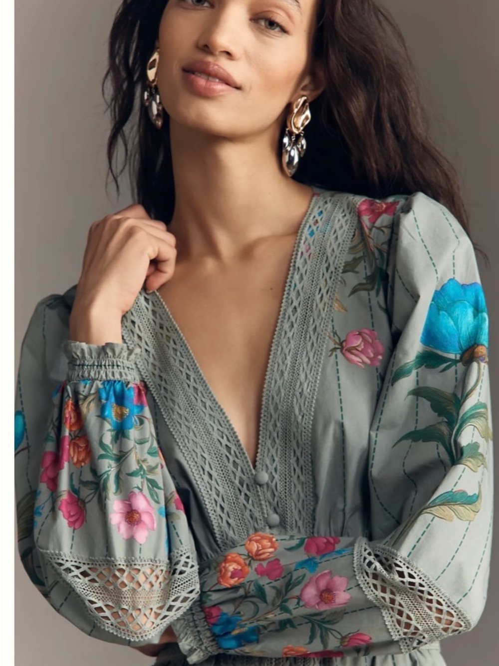 Anthropologie Floral V-Neck Lace-Trim Maxi Dress in Sage Green - Picture 2 of 2